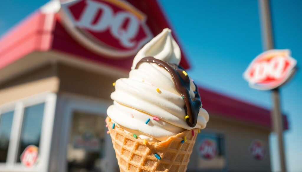 A delicious serving of Dairy Queen's sugar-free ice cream in a classic waffle cone, prominently displayed in the foreground. The ice cream appears creamy and smooth, with a hint of vanilla flavor, expertly topped with a light drizzle of sugar-free chocolate syrup. Surrounding the cone, there are colorful sprinkles adding a pop of color. In the middle background, a blurred Dairy Queen store front can be seen, with its recognizable red and yellow logo subtly visible, suggesting a warm and inviting atmosphere. Soft, natural lighting highlights the texture of the ice cream and the cone, creating an inviting and refreshing mood. The angle is slightly tilted upward, capturing the cone against a clear blue sky, evoking feelings of a sunny day, perfect for enjoying a treat. A delicious serving of Dairy Queen's sugar-free ice cream in a classic waffle cone, prominently displayed in the foreground. The ice cream appears creamy and smooth, with a hint of vanilla flavor, expertly topped with a light drizzle of sugar-free chocolate syrup. Surrounding the cone, there are colorful sprinkles adding a pop of color. In the middle background, a blurred Dairy Queen store front can be seen, with its recognizable red and yellow logo subtly visible, suggesting a warm and inviting atmosphere. Soft, natural lighting highlights the texture of the ice cream and the cone, creating an inviting and refreshing mood. The angle is slightly tilted upward, capturing the cone against a clear blue sky, evoking feelings of a sunny day, perfect for enjoying a treat.