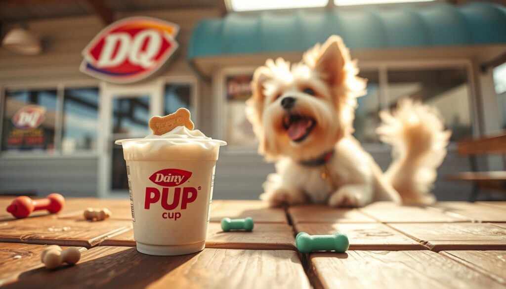 A delightful scene featuring a "pup cup" from Dairy Queen, showcasing a small, clear plastic cup filled with a creamy, dog-friendly treat, topped with a small dog biscuit. In the foreground, place the pup cup on a rustic wooden table, with a few scattered dog toys nearby. The middle ground should include a happy, fluffy dog looking eagerly at the cup, its tongue out and tail wagging. In the background, a soft-focus Dairy Queen store sign is visible, hinting at the setting. The lighting is warm and inviting, reminiscent of a sunny afternoon, casting gentle shadows. Use a wide-angle lens to capture the joyful atmosphere, highlighting the bond between pets and their treat. A delightful scene featuring a "pup cup" from Dairy Queen, showcasing a small, clear plastic cup filled with a creamy, dog-friendly treat, topped with a small dog biscuit. In the foreground, place the pup cup on a rustic wooden table, with a few scattered dog toys nearby. The middle ground should include a happy, fluffy dog looking eagerly at the cup, its tongue out and tail wagging. In the background, a soft-focus Dairy Queen store sign is visible, hinting at the setting. The lighting is warm and inviting, reminiscent of a sunny afternoon, casting gentle shadows. Use a wide-angle lens to capture the joyful atmosphere, highlighting the bond between pets and their treat.