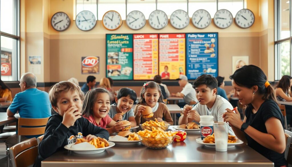 A dining area with a diverse group of people seated at tables enjoying their meals in a Dairy Queen restaurant. In the foreground, a family of four happily digging into their lunch, showcasing a mix of meals including burgers, fries, and ice cream. In the middle, a large colorful menu board displaying various lunch options, slightly blurred to emphasize the family. The background features a series of clocks mounted on the wall, each showing different times to signify varying lunch hours by location. The scene is warmly lit, with natural light streaming through large windows, creating a cheerful and inviting atmosphere. The overall mood is lively and welcoming, highlighting the busy lunch hour at Dairy Queen. A dining area with a diverse group of people seated at tables enjoying their meals in a Dairy Queen restaurant. In the foreground, a family of four happily digging into their lunch, showcasing a mix of meals including burgers, fries, and ice cream. In the middle, a large colorful menu board displaying various lunch options, slightly blurred to emphasize the family. The background features a series of clocks mounted on the wall, each showing different times to signify varying lunch hours by location. The scene is warmly lit, with natural light streaming through large windows, creating a cheerful and inviting atmosphere. The overall mood is lively and welcoming, highlighting the busy lunch hour at Dairy Queen.