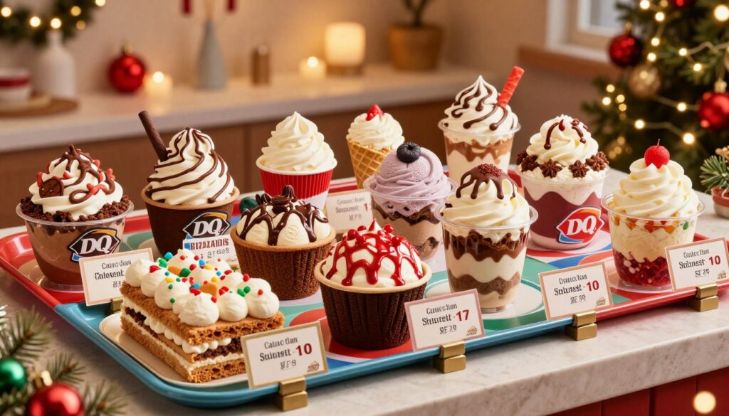 A festive display featuring a well-arranged assortment of Dairy Queen holiday treats for 2025, showcasing various sizes and prices in an appealing manner. In the foreground, highlight a colorful tray filled with seasonal desserts, such as blizzards, sundaes, and festive ice creams, each labeled with an elegant tag indicating calorie count and price. The middle ground should feature a cozy, warm-toned background adorned with twinkling Christmas lights and subtle seasonal decorations like pine branches and ornaments, creating a joyful holiday atmosphere. Soft, diffused lighting enhances the inviting mood, capturing the delicious textures of the treats. The angle should be slightly elevated to give a comprehensive view of the delightful assortment, evoking excitement and anticipation for the festive treats.