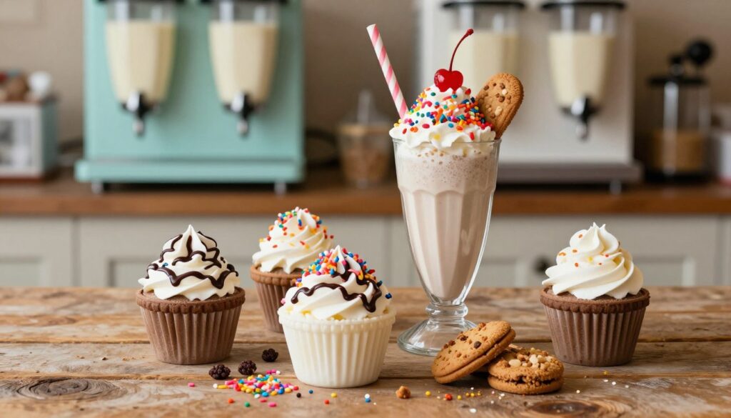 A luxurious close-up of a variety of milkshake toppings displayed on a rustic wooden table. In the foreground, an aesthetically pleasing array of colorful shake toppings, including whipped cream swirls, chocolate drizzle, sprinkles, and crumbled cookies. The middle of the image features a creamy milkshake topped with a vibrant mix of those toppings, garnished with a cherry and a straw. The background is softly blurred, showcasing a casual dairy setting with pastel-colored milkshake machines. The lighting is warm and inviting, adding a cozy atmosphere, while a slight overhead angle captures the delightful textures and vibrant colors of the toppings, making the composition feel appetizing and inviting. A luxurious close-up of a variety of milkshake toppings displayed on a rustic wooden table. In the foreground, an aesthetically pleasing array of colorful shake toppings, including whipped cream swirls, chocolate drizzle, sprinkles, and crumbled cookies. The middle of the image features a creamy milkshake topped with a vibrant mix of those toppings, garnished with a cherry and a straw. The background is softly blurred, showcasing a casual dairy setting with pastel-colored milkshake machines. The lighting is warm and inviting, adding a cozy atmosphere, while a slight overhead angle captures the delightful textures and vibrant colors of the toppings, making the composition feel appetizing and inviting.