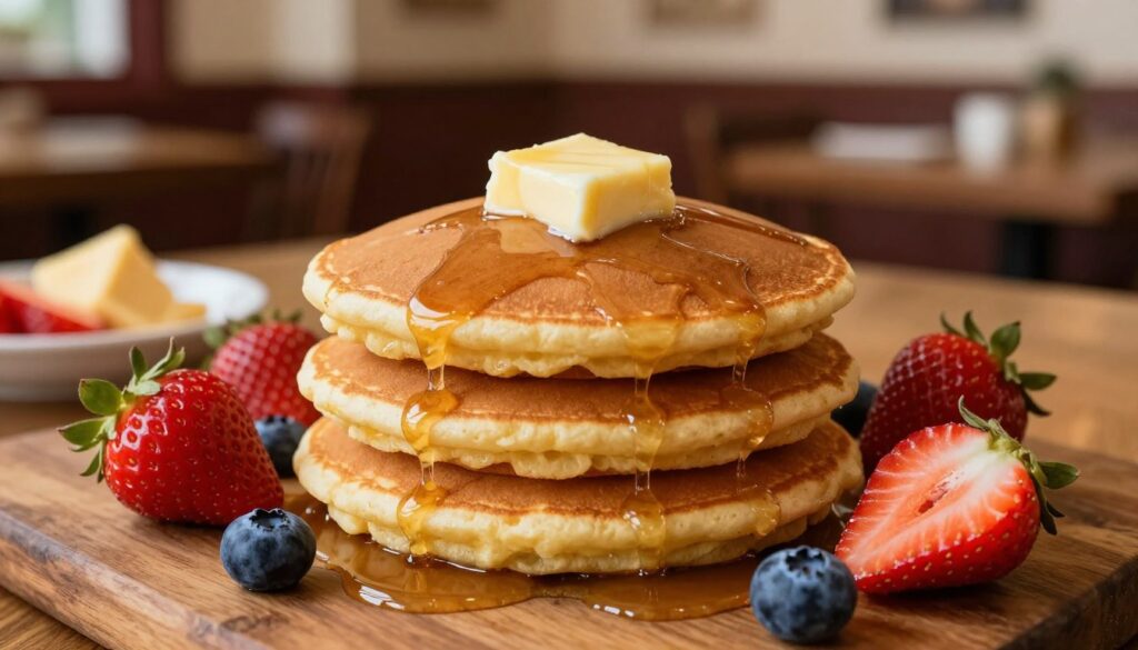 A mouthwatering stack of golden-brown buttermilk pancakes, fluffy and perfectly round, stacked high on a rustic wooden breakfast table. Each pancake is adorned with a generous pat of melting butter on top, glistening with syrup cascading down the sides. Surrounding the pancakes are fresh strawberries and blueberries, bursting with color. In the background, a soft-focus ambiance of a cozy diner with warm lighting and soft shadows, enhancing the inviting atmosphere. The scene is captured with a slight overhead angle to showcase the delicious details of the pancakes and the vibrant toppings. The overall mood is warm and enticing, perfect for a comforting breakfast setting.