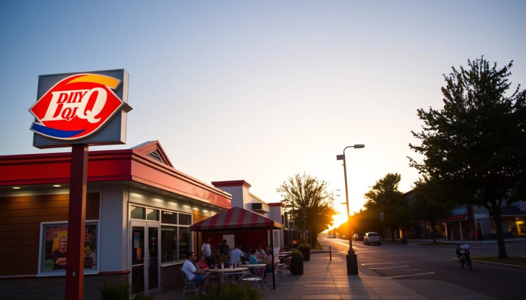 A picturesque Dairy Queen location captured during the early evening golden hour, with warm, soft lighting illuminating the iconic red and white facade. In the foreground, a well-maintained signage features the Dairy Queen logo prominently, inviting passersby. The middle ground shows a charming outdoor seating area with families enjoying frozen treats, clad in summer casual clothing. The background reveals a bustling street lined with trees, hinting at nearby shops, all bustling with activity. A clear blue sky transitions to warm hues as the sun sets, creating a welcoming atmosphere. The overall mood is cheerful and inviting, emphasizing a community gathering spot where people can marvel at the flavors of Dairy Queen.