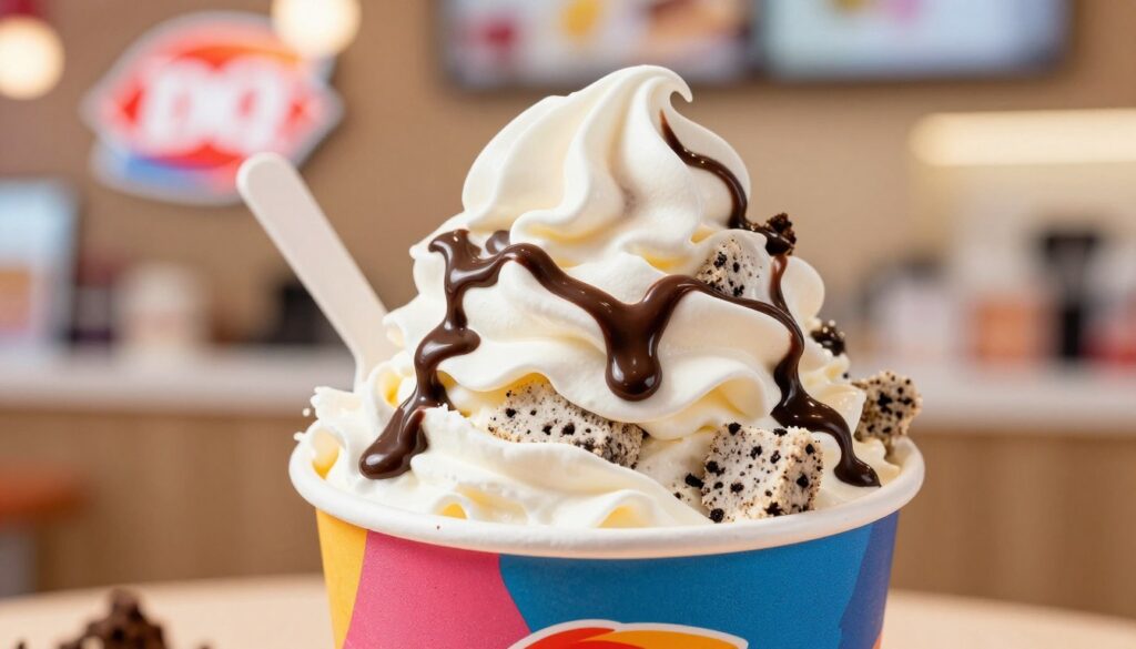 A tantalizing close-up of a Dairy Queen Blizzard treat, showcasing its creamy texture and layers of cookie dough mixed with rich vanilla ice cream. The foreground features a brightly colored DQ cup filled to the brim with the dessert, topped with whipped cream and drizzled with chocolate sauce, with cookie dough pieces peeking out. In the middle, a subtly blurred spoon is seen resting against the cup, inviting the viewer to dive in. The background is a soft-focus depiction of a cozy DQ interior, illuminated by warm, inviting lighting that adds a cheerful atmosphere. The overall mood is indulgent and joyful, making the Blizzard the star of a delightful dessert experience. Shot with a shallow depth of field to emphasize the treat, capturing its tempting details. A tantalizing close-up of a Dairy Queen Blizzard treat, showcasing its creamy texture and layers of cookie dough mixed with rich vanilla ice cream. The foreground features a brightly colored DQ cup filled to the brim with the dessert, topped with whipped cream and drizzled with chocolate sauce, with cookie dough pieces peeking out. In the middle, a subtly blurred spoon is seen resting against the cup, inviting the viewer to dive in. The background is a soft-focus depiction of a cozy DQ interior, illuminated by warm, inviting lighting that adds a cheerful atmosphere. The overall mood is indulgent and joyful, making the Blizzard the star of a delightful dessert experience. Shot with a shallow depth of field to emphasize the treat, capturing its tempting details.