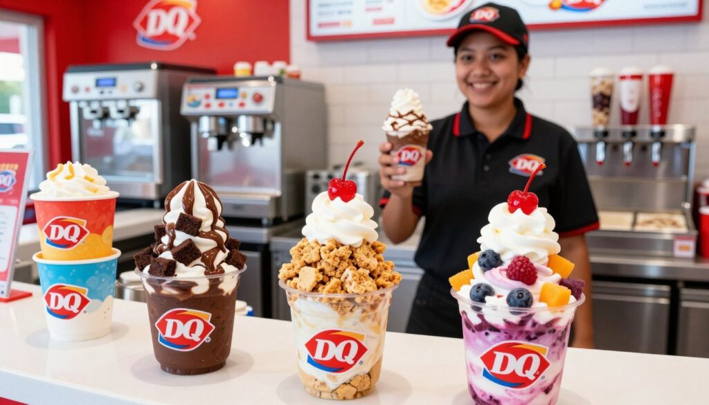 A vibrant Dairy Queen counter showcasing an enticing array of secret menu Blizzards, stacked high in colorful cups with appealing toppings. In the foreground, three Blizzards: one with rich fudge and brownie chunks, another featuring crunchy cookie dough, and a third adorned with fruity berry swirls, each topped with a dollop of whipped cream and a bright cherry. In the middle ground, a friendly staff member wearing a Dairy Queen uniform smiles while holding a Blizzard, surrounded by ice cream machines and toppings. The background displays a cheerful diner setting with bright red and white decor, creating a warm, inviting mood. Soft, natural lighting illuminates the scene, capturing the delicious textures and colors of the desserts. A vibrant Dairy Queen counter showcasing an enticing array of secret menu Blizzards, stacked high in colorful cups with appealing toppings. In the foreground, three Blizzards: one with rich fudge and brownie chunks, another featuring crunchy cookie dough, and a third adorned with fruity berry swirls, each topped with a dollop of whipped cream and a bright cherry. In the middle ground, a friendly staff member wearing a Dairy Queen uniform smiles while holding a Blizzard, surrounded by ice cream machines and toppings. The background displays a cheerful diner setting with bright red and white decor, creating a warm, inviting mood. Soft, natural lighting illuminates the scene, capturing the delicious textures and colors of the desserts.