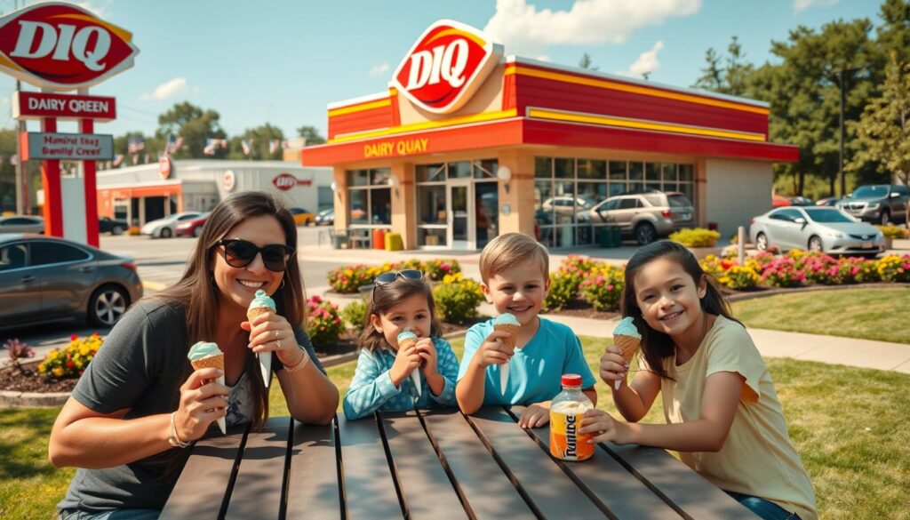 A vibrant Dairy Queen family fast food location during a sunny Memorial Day weekend. In the foreground, a cheerful family of four—two adults in casual, modest clothing and two children—enjoying ice cream cones while sitting at a picnic table. The middle ground features the Dairy Queen building with its recognizable red and yellow signage and a drive-thru lane bustling with cars. In the background, colorful flower planters and green lawns enhance the festive atmosphere. The scene is well-lit with natural sunlight, casting soft shadows, and shot from a slightly elevated angle to capture the vibrancy of the occasion. The overall mood is joyous and inviting, reflecting a perfect family outing on a holiday.