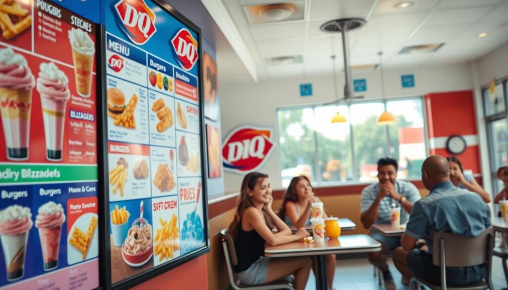 A vibrant Dairy Queen menu displayed prominently in a restaurant setting. In the foreground, focus on a colorful and enticing menu board featuring popular items like Blizzard treats, burgers, soft-serve cones, and fries. The middle ground captures customers seated at cozy tables, enjoying their treats, with families smiling and children laughing. The background shows the Dairy Queen interior, characterized by branded decor and bright lighting, creating an inviting atmosphere. Natural light pours in from large windows, enhancing the cheerful vibe. The scene is shot from a slightly elevated angle, giving a comprehensive view of the menu and the happy patrons, evoking a sense of summer celebration and fun.