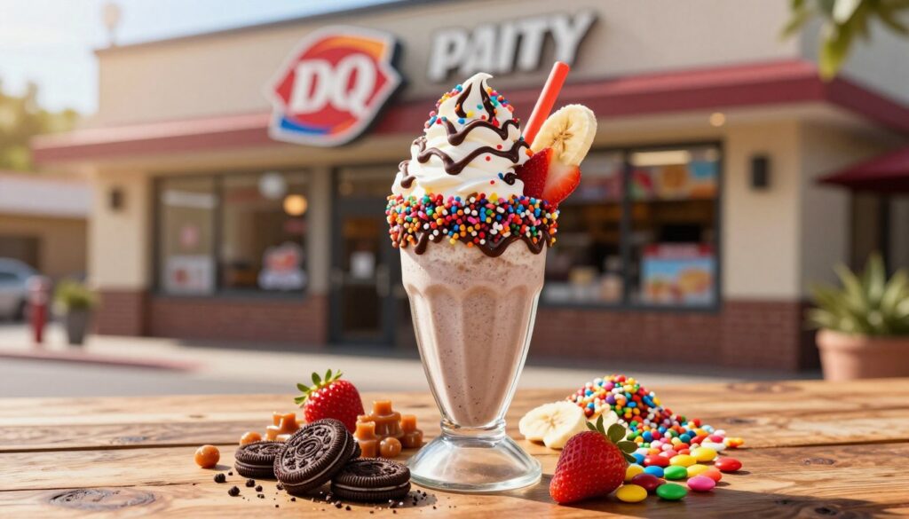 A vibrant and enticing image of a Dairy Queen shake adorned with a variety of colorful toppings and mix-ins. In the foreground, a tall, frosty shake glass is overflowing with swirls of creamy ice cream, topped with whipped cream, chocolate drizzles, sprinkles, and fresh fruits like strawberries and bananas. The middle layer features a selection of mix-ins displayed around the shake, such as crushed Oreos, caramel bits, and colorful candy pieces, set on a rustic wooden table. In the background, a softly blurred Dairy Queen storefront is visible, bathed in warm sunlight, creating an inviting atmosphere reminiscent of a summer day. The lighting is bright and cheerful, enhancing the appetizing colors of the shake and toppings. Shot from a slightly elevated angle to emphasize the shake's height and vivid textures.