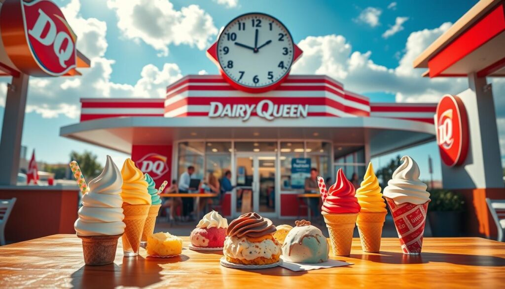 A vibrant and inviting scene capturing the essence of a Dairy Queen storefront, prominently featuring the time "11:00 AM" on a stylish wall clock. In the foreground, fresh and colorful ice cream cones and desserts arranged artfully on a wooden table, glistening under warm, natural light. In the middle, a modern Dairy Queen shop with a classic red and white color scheme, showcasing its outdoor seating area filled with happy families enjoying treats. In the background, blue skies with soft, fluffy clouds complete the atmosphere, evoking a cheerful weekend vibe. The scene should feel lively and welcoming, conveying a sense of anticipation for a delicious outing. Use a wide-angle lens to capture depth and detail, with soft-focus effects enhancing the elements, ensuring it’s a captivating yet professional depiction of this beloved fast-food chain. A vibrant and inviting scene capturing the essence of a Dairy Queen storefront, prominently featuring the time "11:00 AM" on a stylish wall clock. In the foreground, fresh and colorful ice cream cones and desserts arranged artfully on a wooden table, glistening under warm, natural light. In the middle, a modern Dairy Queen shop with a classic red and white color scheme, showcasing its outdoor seating area filled with happy families enjoying treats. In the background, blue skies with soft, fluffy clouds complete the atmosphere, evoking a cheerful weekend vibe. The scene should feel lively and welcoming, conveying a sense of anticipation for a delicious outing. Use a wide-angle lens to capture depth and detail, with soft-focus effects enhancing the elements, ensuring it’s a captivating yet professional depiction of this beloved fast-food chain.
