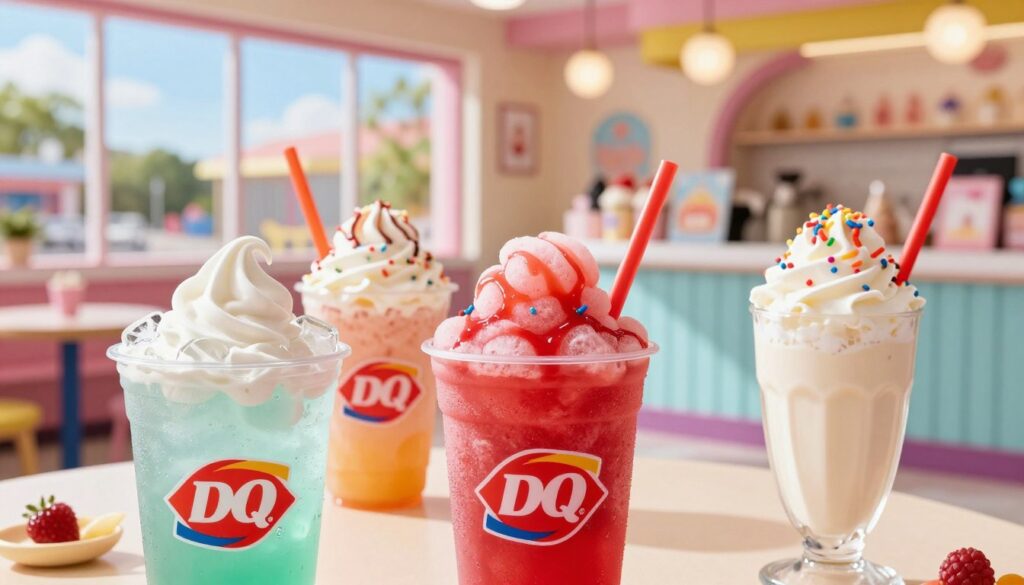 A vibrant and playful scene featuring a variety of colorful drinks from the Dairy Queen Kids Menu. In the foreground, close-up shots of a classic soft drink with ice, a fruity slushy in a bright red cup, and a creamy milkshake topped with whipped cream and colorful sprinkles. The middle ground showcases an inviting ice cream shop interior, adorned with cheerful decor and bright pastel colors, echoing a child-friendly atmosphere. The background should depict a sunny day through the shop’s large windows, casting warm, natural light that highlights the drinks and creates a joyful, summery mood. Use a gentle focus to capture the charming details of the drinks while maintaining a slightly blurred background for depth.