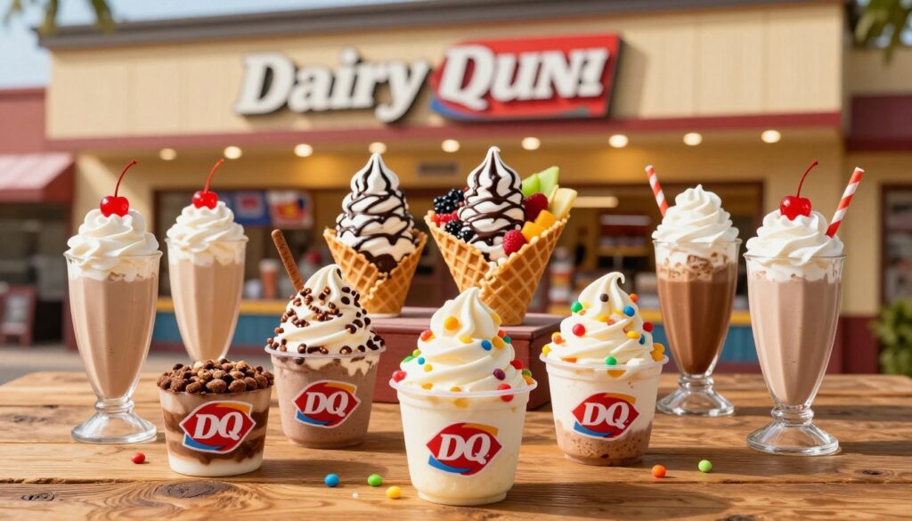A vibrant assortment of Dairy Queen treats beautifully displayed on a rustic wooden table. In the foreground, decadent Blizzard cups filled with swirls of creamy ice cream blended with colorful candy pieces and crunchy toppings. A few tall shakes, topped with whipped cream and cherries, are artfully arranged nearby. In the middle ground, an enticing array of cookie dough blizzards and waffle bowl sundaes garnished with fresh fruits and drizzled with chocolate sauce. The background features an inviting Dairy Queen storefront with warm, golden lighting casting a cozy atmosphere. The image captures the excitement and indulgence of frozen favorites that Texans love, with a soft-focus depth of field emphasizing the treats. The overall mood is cheerful and mouth-watering, evoking a sense of summer joy and nostalgia.