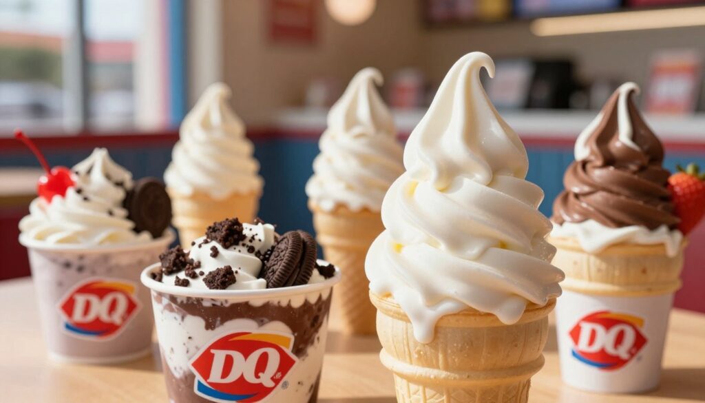 A vibrant close-up image of an assortment of Dairy Queen soft serve treats, featuring various flavors like vanilla, chocolate, and strawberry, swirled into perfectly formed cones and cups. In the foreground, focus on a large,classic vanilla soft serve cone dripping slightly under warm, soft natural light. The middle ground includes a selection of Blizzards, with visible mix-ins like Oreos and brownie bits, topped with whipped cream and a cherry. The background softly blurs to reveal a colorful retro DQ shop interior, enhancing the playful atmosphere. Shadows reflect the afternoon sun filtering through the windows, creating a welcoming and indulgent mood, perfect for highlighting allergen considerations. Ensure all items look appetizing and enticing, with emphasis on texture and creaminess.