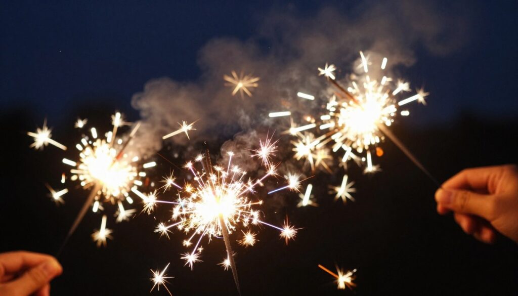 A vibrant image of colorful sparklers glowing against a dark background, capturing a sense of excitement and celebration. In the foreground, a hand holds a bright, sparkling firework, radiating colorful sparks in a multitude of shades—yellow, blue, and red—creating a dazzling effect. The middle ground features more sparklers arranged in a dynamic, swirling pattern, emitting a soft, golden light that enhances the festive atmosphere. The background is slightly blurred, showcasing a night sky speckled with faint stars, contrasting the bright bursts of the sparklers. The lighting is warm, invoking a joyous and refreshing mood, reminiscent of summer nights and fun gatherings. The angle is slightly elevated, focusing on the enchanting display while eliminating any distractions. A vibrant image of colorful sparklers glowing against a dark background, capturing a sense of excitement and celebration. In the foreground, a hand holds a bright, sparkling firework, radiating colorful sparks in a multitude of shades—yellow, blue, and red—creating a dazzling effect. The middle ground features more sparklers arranged in a dynamic, swirling pattern, emitting a soft, golden light that enhances the festive atmosphere. The background is slightly blurred, showcasing a night sky speckled with faint stars, contrasting the bright bursts of the sparklers. The lighting is warm, invoking a joyous and refreshing mood, reminiscent of summer nights and fun gatherings. The angle is slightly elevated, focusing on the enchanting display while eliminating any distractions.