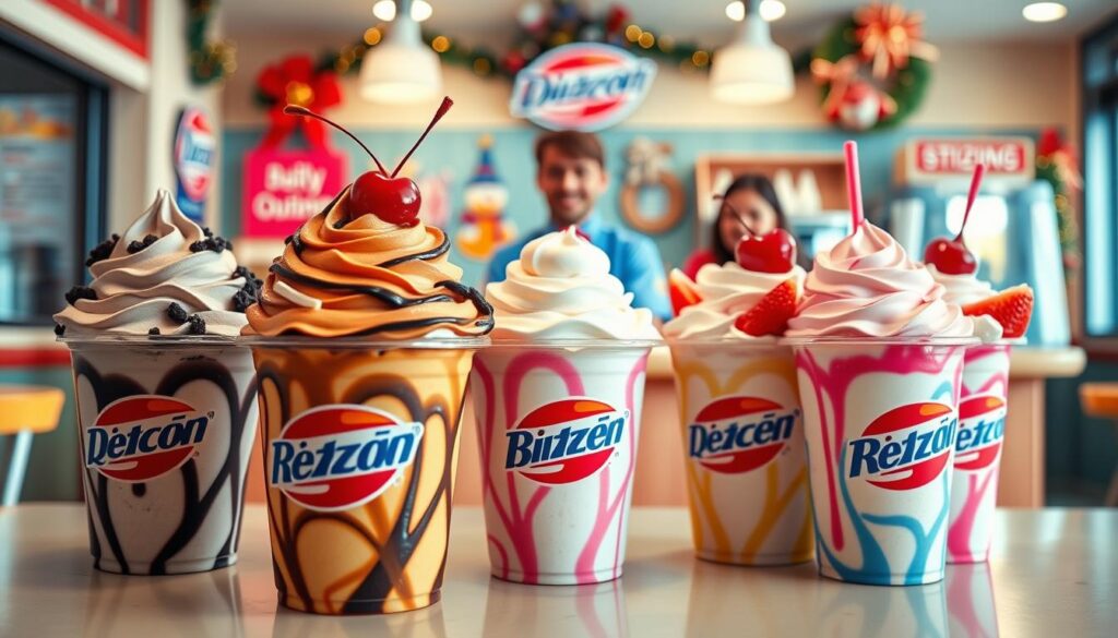 A vibrant, mouth-watering display of Dairy Queen Blizzard treats showcased in a cozy ice cream shop setting. In the foreground, there are colorful cups of various Blizzard flavors such as Oreo, Reese's, and strawberry, each topped with whipped cream and a cherry. The middle ground features a charming counter with a friendly server in a Dairy Queen uniform, ready to serve customers. The background is softly blurred, hinting at festive decorations and smiling families enjoying their treats. The lighting is warm and inviting, creating a cheerful atmosphere, suggesting a holiday mood. The camera angle is slightly low, emphasizing the delicious desserts and the inviting environment, making it a tempting sight for anyone craving a sweet treat.