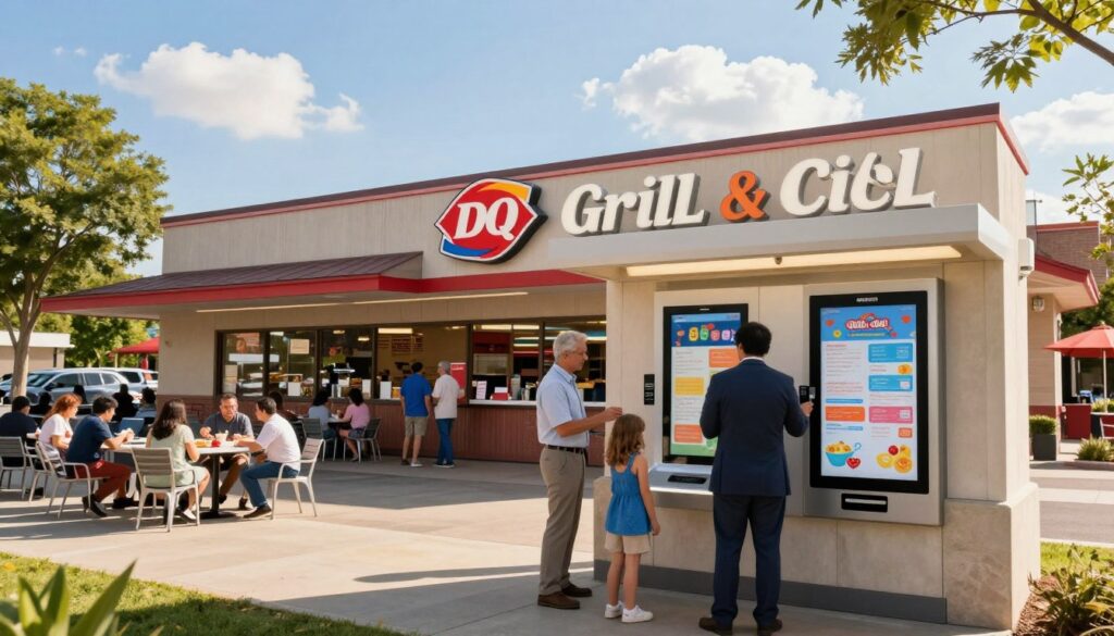 A vibrant outdoor scene showcasing a Dairy Queen Grill and Chill location in Florence, United States, during a sunny afternoon. In the foreground, a group of well-dressed individuals, including families and friends, eagerly ordering from a digital kiosk with colorful menu items displayed. In the middle ground, the iconic Dairy Queen building features its signature colors, inviting atmosphere, and outdoor seating filled with customers enjoying their meals. In the background, a clear blue sky is dotted with fluffy white clouds, while trees provide a relaxing shade. The image has a warm, inviting ambiance, enhanced by soft, natural lighting that casts gentle shadows. The angle is slightly elevated, providing a comprehensive view of the joyful scene, encapsulating the essence of ordering, delivery, and community at Dairy Queen. A vibrant outdoor scene showcasing a Dairy Queen Grill and Chill location in Florence, United States, during a sunny afternoon. In the foreground, a group of well-dressed individuals, including families and friends, eagerly ordering from a digital kiosk with colorful menu items displayed. In the middle ground, the iconic Dairy Queen building features its signature colors, inviting atmosphere, and outdoor seating filled with customers enjoying their meals. In the background, a clear blue sky is dotted with fluffy white clouds, while trees provide a relaxing shade. The image has a warm, inviting ambiance, enhanced by soft, natural lighting that casts gentle shadows. The angle is slightly elevated, providing a comprehensive view of the joyful scene, encapsulating the essence of ordering, delivery, and community at Dairy Queen.