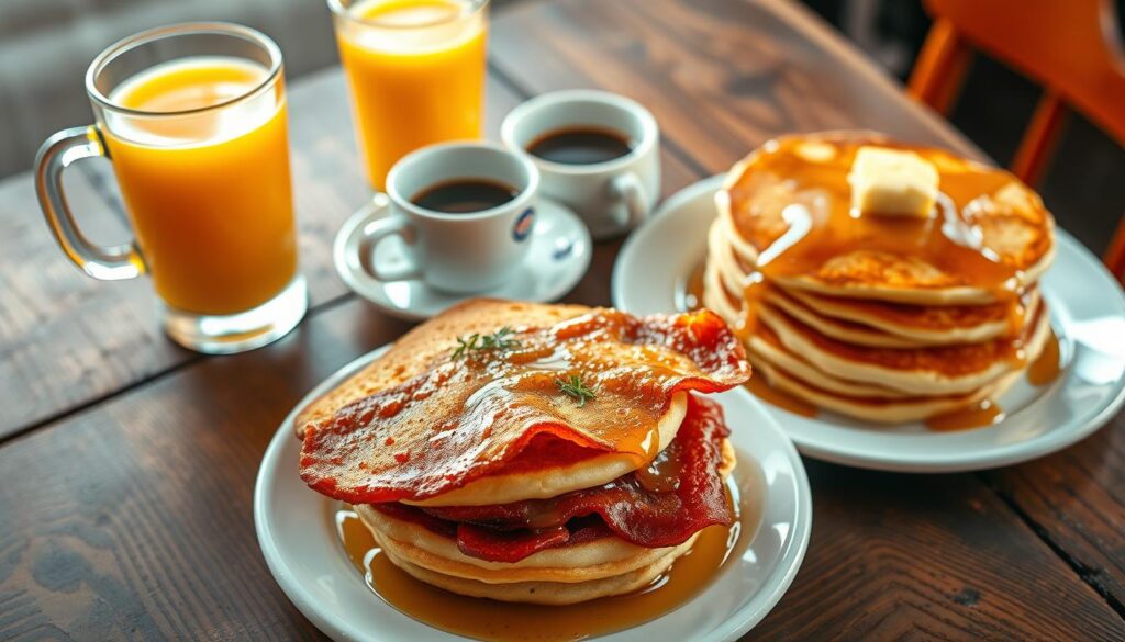 A vibrant overhead view of a Dairy Queen breakfast spread on a rustic wooden table. In the foreground, a golden crispy bacon and egg breakfast sandwich is prominently featured, garnished with fresh herbs. Beside it, a fluffy stack of pancakes drizzled with maple syrup and a dollop of butter, glistening under warm, soft light. In the middle background, a tall glass of fresh orange juice catches the light, while a steaming cup of coffee sits nearby, outlining the delicious aromas of a hearty breakfast. The atmosphere is inviting and warm, creating a nostalgic and comforting feel. The setting is bright and cheerful, with natural lighting that enhances the rich colors of the breakfast items, showcasing them as delicious and appetizing. A vibrant overhead view of a Dairy Queen breakfast spread on a rustic wooden table. In the foreground, a golden crispy bacon and egg breakfast sandwich is prominently featured, garnished with fresh herbs. Beside it, a fluffy stack of pancakes drizzled with maple syrup and a dollop of butter, glistening under warm, soft light. In the middle background, a tall glass of fresh orange juice catches the light, while a steaming cup of coffee sits nearby, outlining the delicious aromas of a hearty breakfast. The atmosphere is inviting and warm, creating a nostalgic and comforting feel. The setting is bright and cheerful, with natural lighting that enhances the rich colors of the breakfast items, showcasing them as delicious and appetizing.
