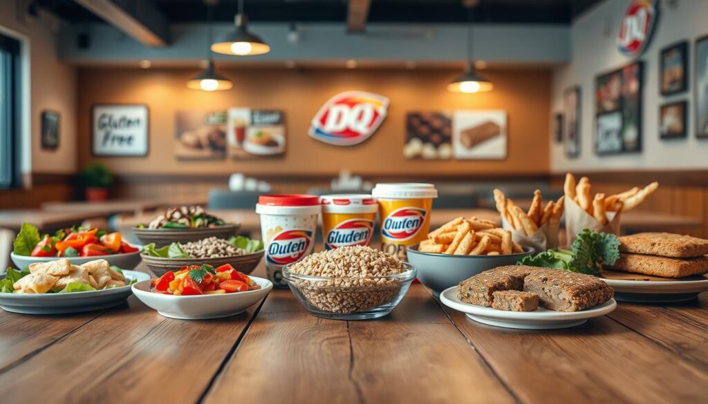 A visually appealing representation of "gluten-free" foods, featuring a beautifully arranged wooden table in the foreground. On the table, display an array of gluten-free dishes, such as fresh salads, quinoa bowls, and gluten-free baked goods, all artfully presented. In the middle ground, showcase Dairy Queen ice cream and treats that are labeled "gluten-free." The background features a cozy Dairy Queen restaurant interior with warm, inviting lighting that highlights the dishes while maintaining a casual dining atmosphere. Use a soft focus lens to create depth, capturing the textures of the food and the friendly, welcoming vibe of the restaurant setting. The overall mood should exude a sense of health-conscious indulgence, inviting viewers to explore gluten-free options. A visually appealing representation of "gluten-free" foods, featuring a beautifully arranged wooden table in the foreground. On the table, display an array of gluten-free dishes, such as fresh salads, quinoa bowls, and gluten-free baked goods, all artfully presented. In the middle ground, showcase Dairy Queen ice cream and treats that are labeled "gluten-free." The background features a cozy Dairy Queen restaurant interior with warm, inviting lighting that highlights the dishes while maintaining a casual dining atmosphere. Use a soft focus lens to create depth, capturing the textures of the food and the friendly, welcoming vibe of the restaurant setting. The overall mood should exude a sense of health-conscious indulgence, inviting viewers to explore gluten-free options.
