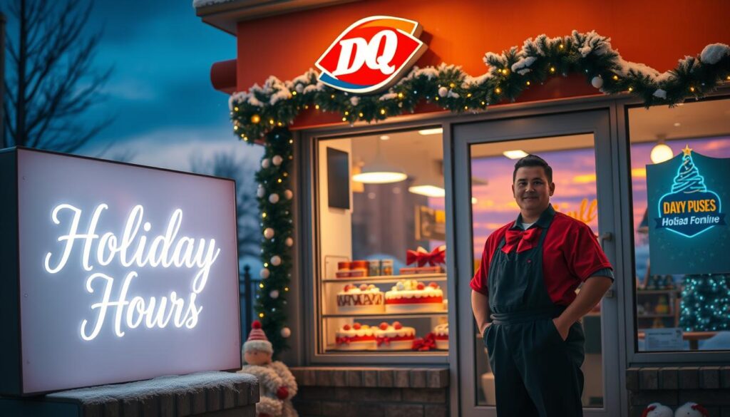 A visually appealing scene depicting a Dairy Queen storefront during the holiday season, showcasing festive decorations such as twinkling lights and garlands. In the foreground, display a large illuminated holiday sign gently announcing "Holiday Hours" in elegant lettering. In the middle ground, include a friendly staff member wearing a Dairy Queen uniform and a warm smile, standing next to a display of holiday-themed treats, such as ice cream cakes adorned with seasonal decorations. The background should feature a cozy winter scene with soft, falling snow and a vibrant evening sky, casting a warm glow on the store. The lighting should be soft and inviting, creating a cheerful, festive mood that enhances the holiday spirit. A visually appealing scene depicting a Dairy Queen storefront during the holiday season, showcasing festive decorations such as twinkling lights and garlands. In the foreground, display a large illuminated holiday sign gently announcing "Holiday Hours" in elegant lettering. In the middle ground, include a friendly staff member wearing a Dairy Queen uniform and a warm smile, standing next to a display of holiday-themed treats, such as ice cream cakes adorned with seasonal decorations. The background should feature a cozy winter scene with soft, falling snow and a vibrant evening sky, casting a warm glow on the store. The lighting should be soft and inviting, creating a cheerful, festive mood that enhances the holiday spirit.