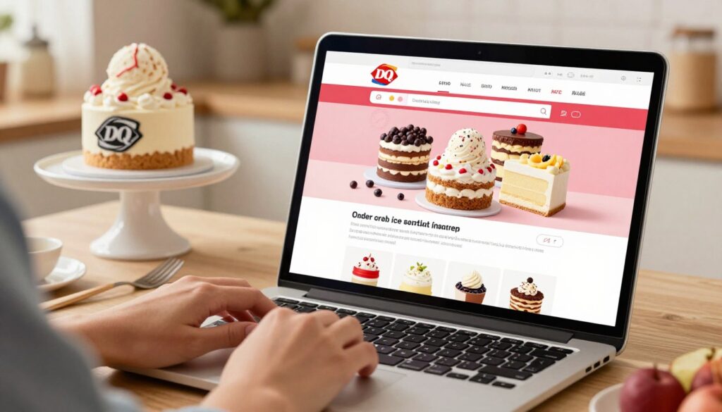 A visually appealing scene showcasing a laptop displaying the Dairy Queen website's order page for ice cream cakes. In the foreground, the illuminated screen highlights colorful DQ cake options with customization features. Surrounding the laptop, a cozy kitchen setting with warm lighting creates an inviting atmosphere. The middle layer features a close-up of a person's hands, wearing casual attire, engaged in using the laptop, emphasizing the convenience of online ordering. In the background, soft-focus elements include a decorative cake stand with a finished DQ ice cream cake and playful kitchen items. The overall mood is cheerful and inviting, reflecting a sense of ease and joy in ordering a customized cake online. A visually appealing scene showcasing a laptop displaying the Dairy Queen website's order page for ice cream cakes. In the foreground, the illuminated screen highlights colorful DQ cake options with customization features. Surrounding the laptop, a cozy kitchen setting with warm lighting creates an inviting atmosphere. The middle layer features a close-up of a person's hands, wearing casual attire, engaged in using the laptop, emphasizing the convenience of online ordering. In the background, soft-focus elements include a decorative cake stand with a finished DQ ice cream cake and playful kitchen items. The overall mood is cheerful and inviting, reflecting a sense of ease and joy in ordering a customized cake online.