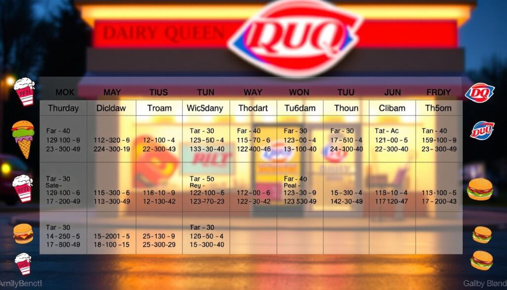 A visually engaging image depicting a neatly organized weekly schedule showcasing the Dairy Queen store hours by day and location. The foreground features a clear, colorful graphic representation of a calendar, with each day of the week printed distinctly and marked with the respective opening and closing hours. The middle layer includes icons representing popular menu items, like ice cream cones and burgers, subtly integrated around the calendar to create an inviting atmosphere. The background is a soft-focus image of a Dairy Queen storefront, illuminated by warm, welcoming lights during the evening, providing a cozy, friendly vibe. The overall mood is cheerful and informative, suitable for a family-friendly audience. The composition should be bright, with a focus on clarity and readability, ensuring a professional presentation.