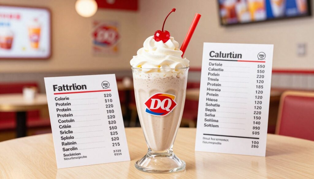 A visually engaging table with a Dairy Queen shake in the foreground, crafted in a creamy, swirling texture topped with whipped cream and a cherry. Beside it, detailed nutrition labels showcasing the calorie, fat, protein, and sodium content in an organized layout. The background features a soft-focus Dairy Queen restaurant ambiance, with warm lighting creating a welcoming atmosphere. Include subtle elements like a menu board and soft seating to enrich the context. Capture the scene with a slight top-down angle to highlight the shake and nutrition labels, evoking a sense of indulgence while maintaining clarity about the nutritional information. Aim for a bright, inviting color palette to draw the viewer's attention.
