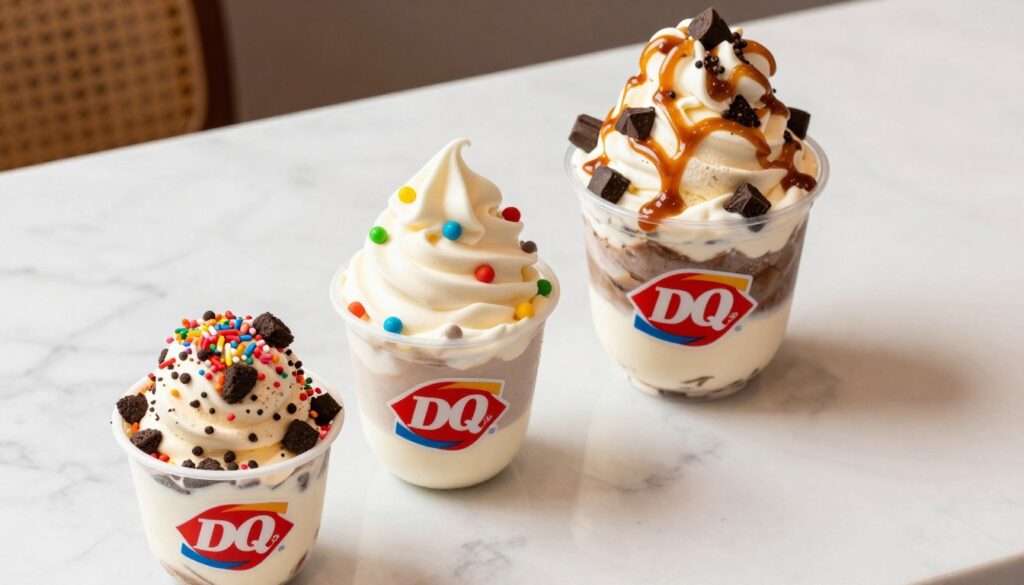 A visually enticing display of three Dairy Queen Blizzard treats in varying sizes—mini, medium, and large—arranged artfully on a clean, white marble countertop. The foreground showcases the mini Blizzard in a petite ice cream cup, overflowing with vibrant toppings like sprinkles and crushed cookies. The middle layer features the medium-sized Blizzard, beautifully swirled with colorful candy pieces, presented in a classic branded cup, while the large Blizzard in the background is generously filled with a variety of textures, including chocolate chunks and caramel drizzle, creating an eye-catching contrast. Soft, natural lighting bathes the scene, enhancing the creamy textures and glossy toppings. Capture this still life from a slightly elevated angle to emphasize the delightful differences in size and toppings, evoking a warm and inviting atmosphere that celebrates the indulgent nature of these frozen treats.
