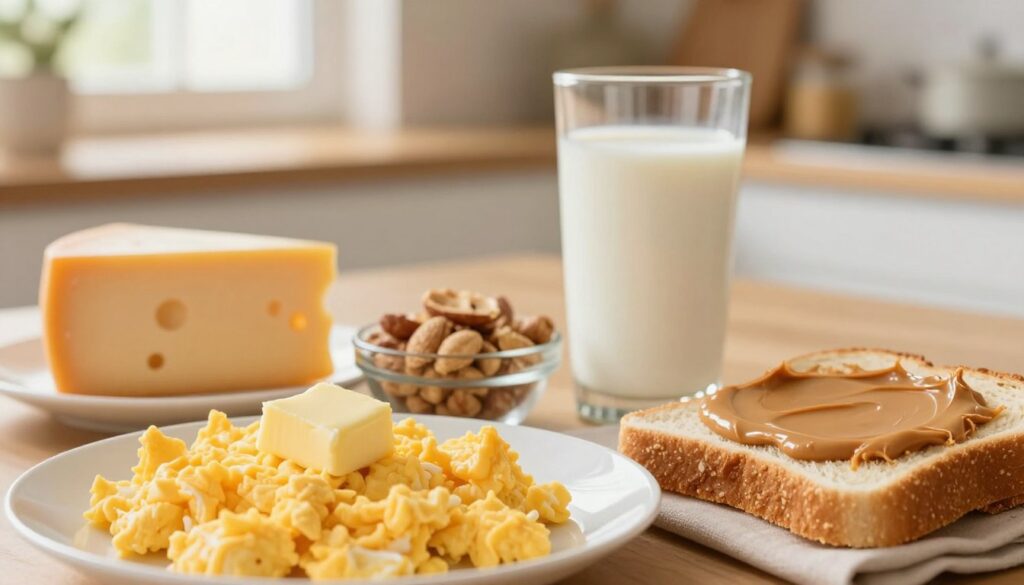 A visually striking illustration of common food allergens related to breakfast items, featuring a close-up shot of several allergen sources. In the foreground, a plate of scrambled eggs, showing a dollop of butter, and a piece of toast topped with peanut butter. In the middle, an assortment of ingredients like a glass of milk, a slice of cheese, and a small bowl of nuts, clearly indicating allergens. In the background, a cozy breakfast setting with a soft-focus of a sunny kitchen. The lighting is warm and inviting, simulating morning sunlight streaming through a window, creating a friendly and informative atmosphere. The composition should provide clarity and focus on the allergens, captured with a shallow depth of field. No text or any logos present.