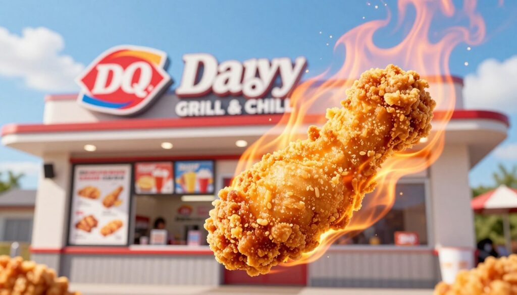 A whimsical, culinary scene featuring a "flamethrower chicken strip" as the centerpiece. In the foreground, showcase a golden-brown, crispy chicken strip with vibrant flames artistically engulfing it, creating a sizzling effect. The middle of the image includes a classic Dairy Queen Grill and Chill restaurant backdrop, with a modern, inviting exterior and a menu board displaying delicious items. In the background, subtly hint at a sunny day, with clear blue skies and fluffy clouds. The lighting is bright and cheerful, emphasizing the tantalizing crunchiness of the chicken. The angle should be slightly tilted to create a dynamic perspective, inviting the viewer to delve into this exciting culinary highlight that exemplifies the fun and flavor of Dairy Queen. A whimsical, culinary scene featuring a "flamethrower chicken strip" as the centerpiece. In the foreground, showcase a golden-brown, crispy chicken strip with vibrant flames artistically engulfing it, creating a sizzling effect. The middle of the image includes a classic Dairy Queen Grill and Chill restaurant backdrop, with a modern, inviting exterior and a menu board displaying delicious items. In the background, subtly hint at a sunny day, with clear blue skies and fluffy clouds. The lighting is bright and cheerful, emphasizing the tantalizing crunchiness of the chicken. The angle should be slightly tilted to create a dynamic perspective, inviting the viewer to delve into this exciting culinary highlight that exemplifies the fun and flavor of Dairy Queen.