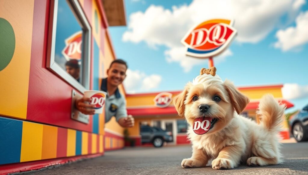 A whimsical scene featuring a cute, fluffy puppy sitting eagerly beside a colorful Dairy Queen drive-thru window. In the foreground, the puppy’s bright eyes and wagging tail capture the joy of receiving a ‘Pup Cup,’ a small cup filled with soft serve ice cream, topped with a single dog biscuit. The middle of the image shows a friendly Dairy Queen employee smiling as they hand over the Pup Cup, with the iconic DQ logo clearly visible. The background showcases the charming exterior of a Dairy Queen restaurant, with a bright blue sky and fluffy white clouds enhancing the cheerful atmosphere. Soft, warm lighting gives the scene a welcoming feel, and the angle captures the excitement of the moment, emphasizing the connection between the puppy and its treat. A whimsical scene featuring a cute, fluffy puppy sitting eagerly beside a colorful Dairy Queen drive-thru window. In the foreground, the puppy’s bright eyes and wagging tail capture the joy of receiving a ‘Pup Cup,’ a small cup filled with soft serve ice cream, topped with a single dog biscuit. The middle of the image shows a friendly Dairy Queen employee smiling as they hand over the Pup Cup, with the iconic DQ logo clearly visible. The background showcases the charming exterior of a Dairy Queen restaurant, with a bright blue sky and fluffy white clouds enhancing the cheerful atmosphere. Soft, warm lighting gives the scene a welcoming feel, and the angle captures the excitement of the moment, emphasizing the connection between the puppy and its treat.